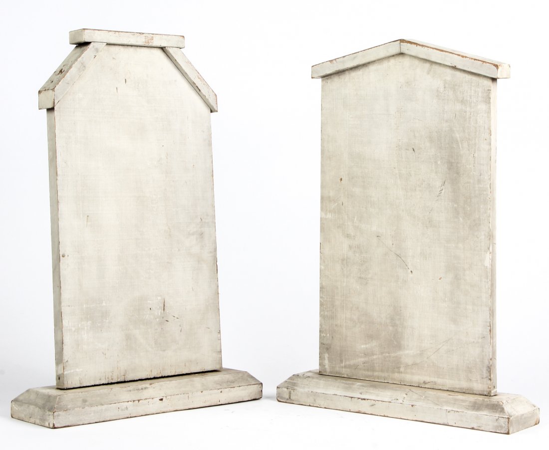Odd Fellows Ceremonial Tombstones, Two pieces: Odd Fellows ceremonial tombstones, Two pieces, wood, oyster paint, early 20th century. Size: 25" x 14" x 6" (each).