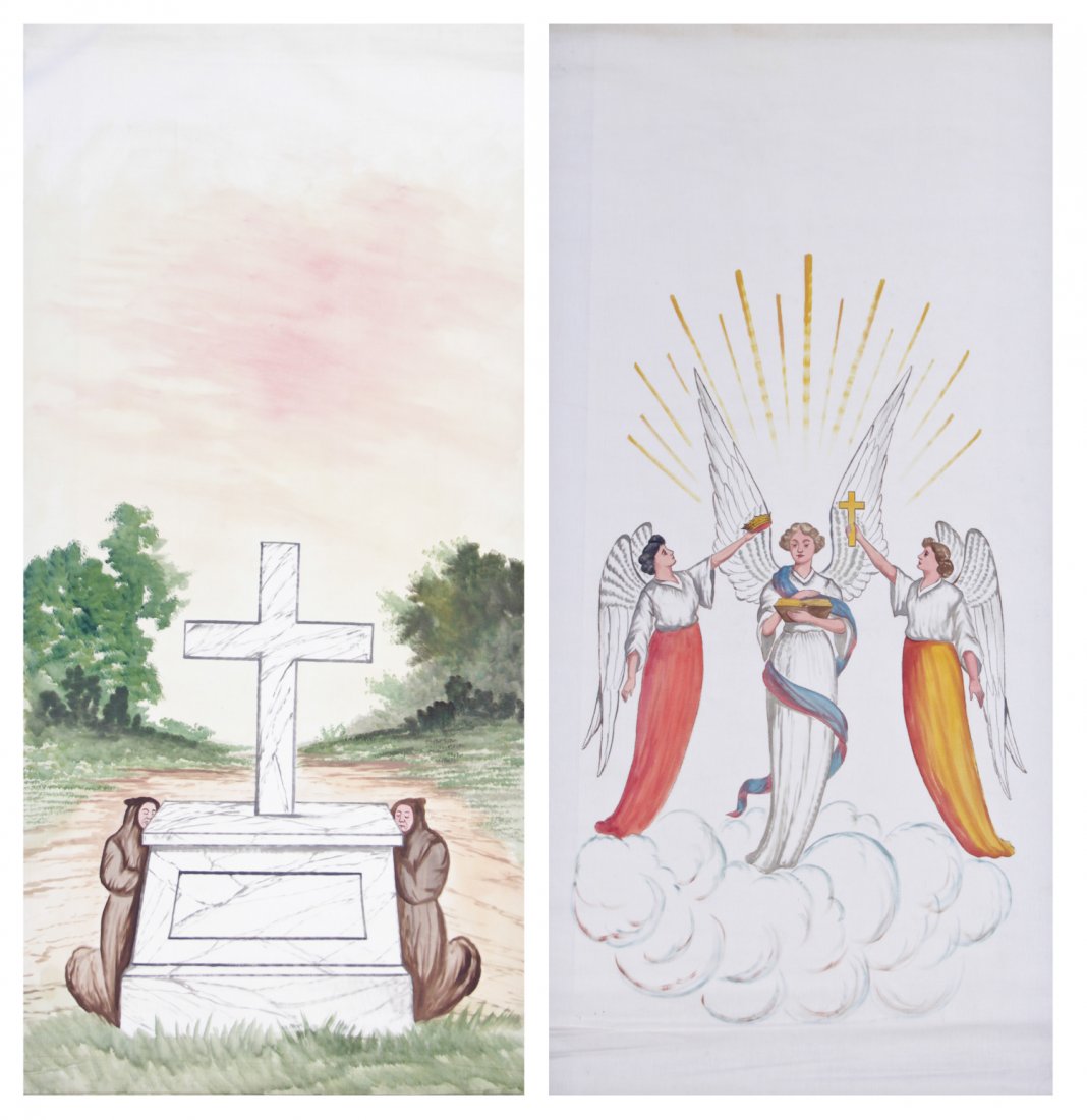 Two Masonic Folk Paintings on Window Shades: Two Masonic Folk Paintings on Window Shades. Size: 1) 81" x 37.5"; 2) 80" x 37.5".
