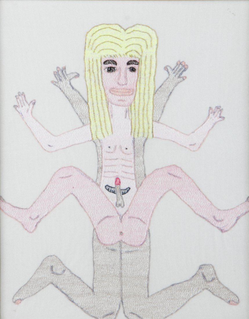 Framed Erotic Folk Art Embroidery: Framed Erotic Folk Art Embroidery. Under glass. Size: 25" x 21.5" (frame), 19.5" x 15.5" (sight). Provenance: An estate in Jim Thorpe, PA.