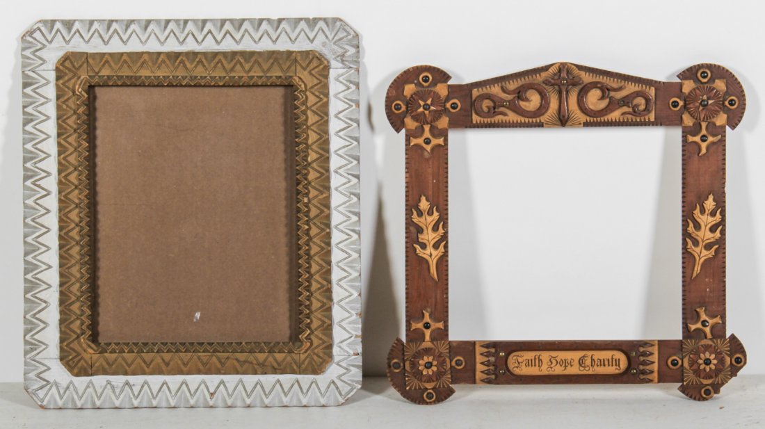 Two Tramp Art Frames: Two Tramp Art Frames: 1) Gold & Silver with glass; 2) "Faith Hope Charity". Sizes: 1) 21" x 18"; 2) 18.5" x 19.5".