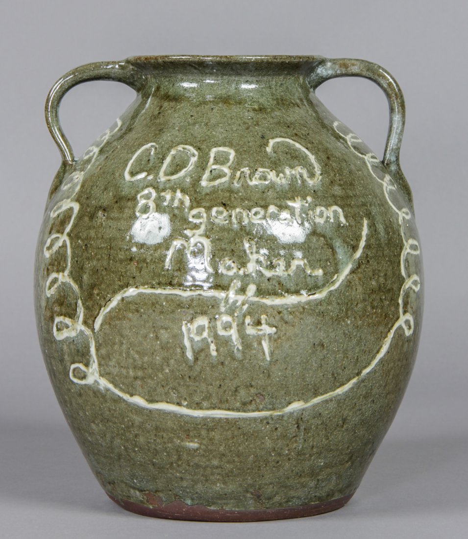 CD Brown (USA), Incised Jug: Charlie D. Brown (USA), Incised Jug, 1994, glazed ceramic, signed and inscribed. Size: 12" x 10" x 10".