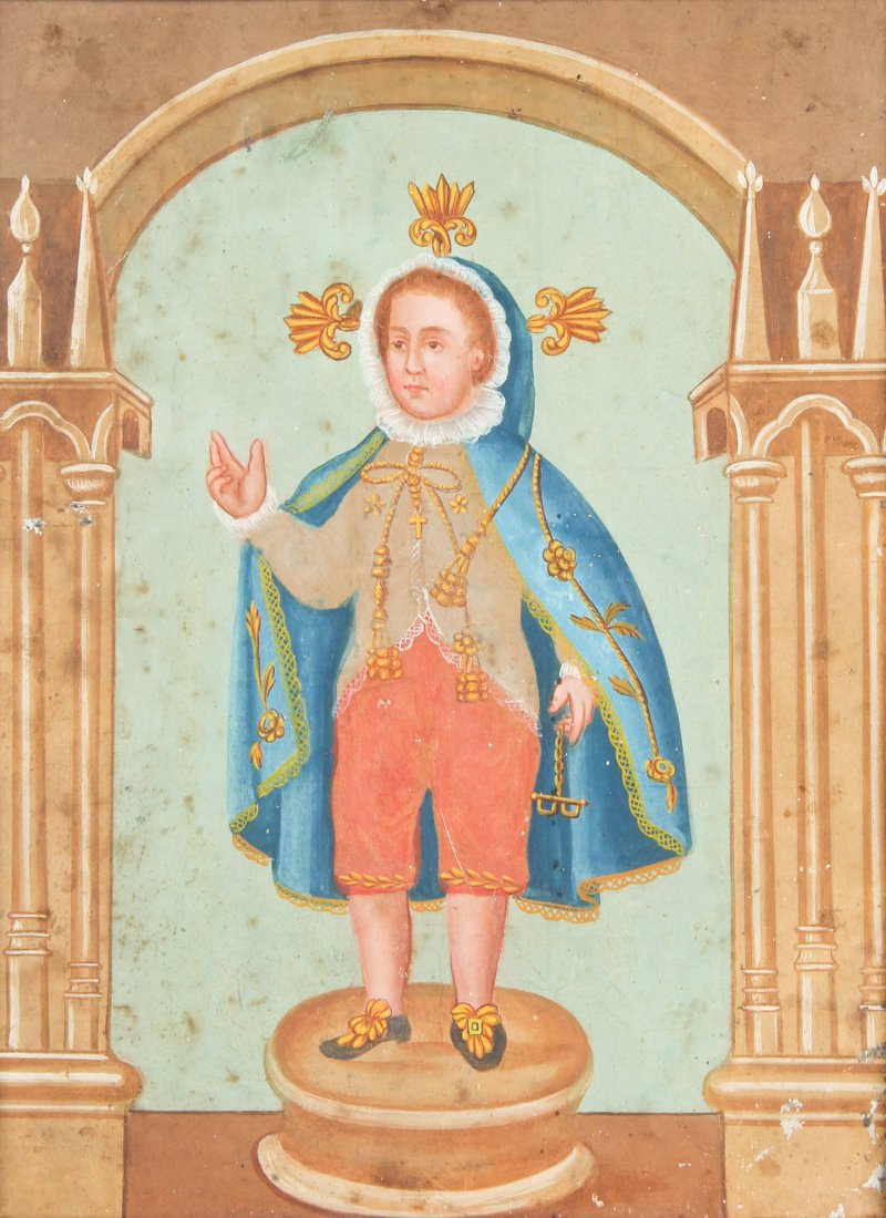 Santo Niño de Atocha (Christ Child of Atocha), Retablo: Santo Niño de Atocha or Holy Child of Atocha (Christ Child of Atocha),19th c. Mexico. Retablo, oil on tin. Size: 15" x 12". "From Fran Tolland, El Paso, Texas, 1985" on reverse. This subject is one o