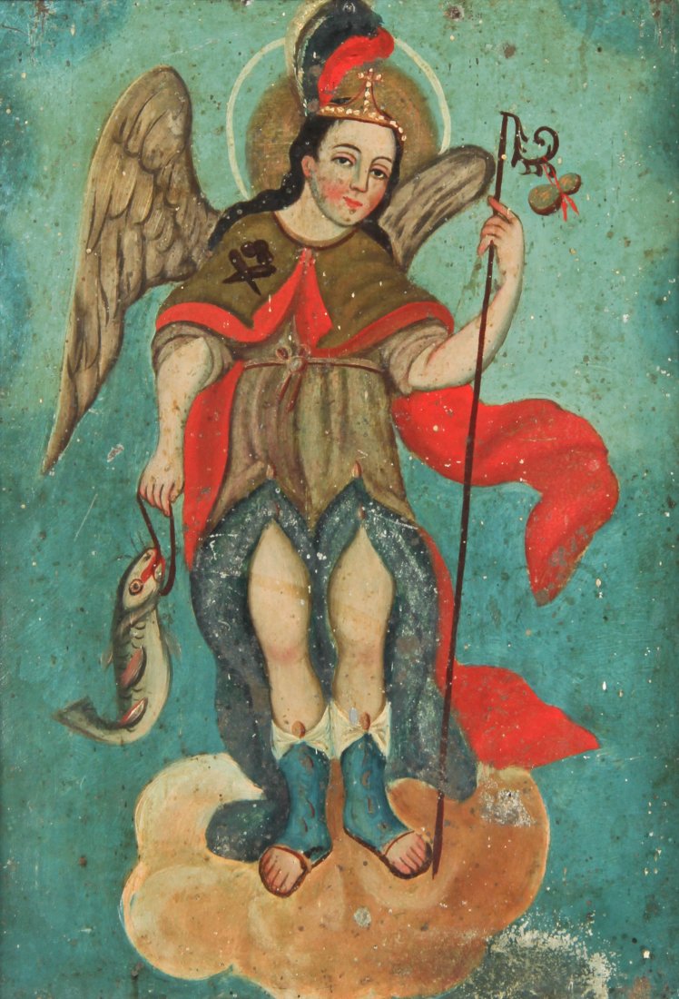 San Rafael (Saint Raphael), Retablo: San Rafael (Saint Raphael), 19th c. Mexico. Retablo, oil on tin. Size: 12.5" x 9.5". San Rafael is one of three archangels mentioned by name in the Bible (the other two being Michael and Gabriel). The