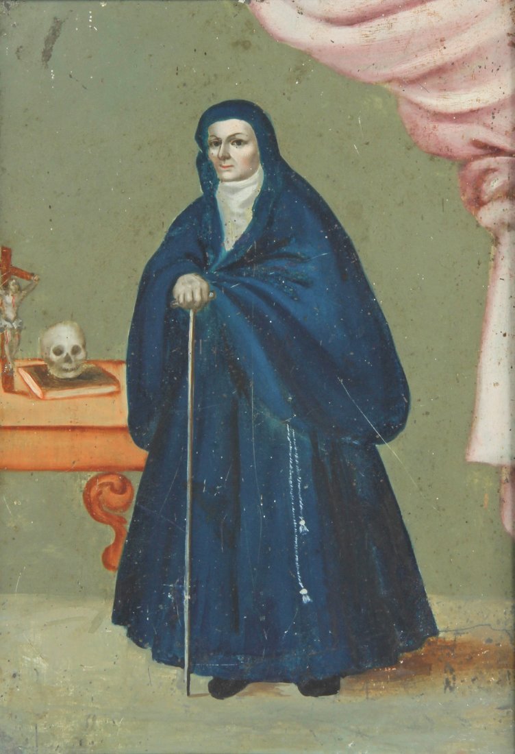 Santa Rita de Casia (St. Rita of Casia) Retablo: Santa Rita de Casia (St. Rita of Casia), 19th c. Mexico. Retablo, oil on tin. Size: 12.5" x 19.5" (Framed). "Morelia 1972" on reverse. Santa Rita de Casia became an Augustinian nun (ca. 1407) after th