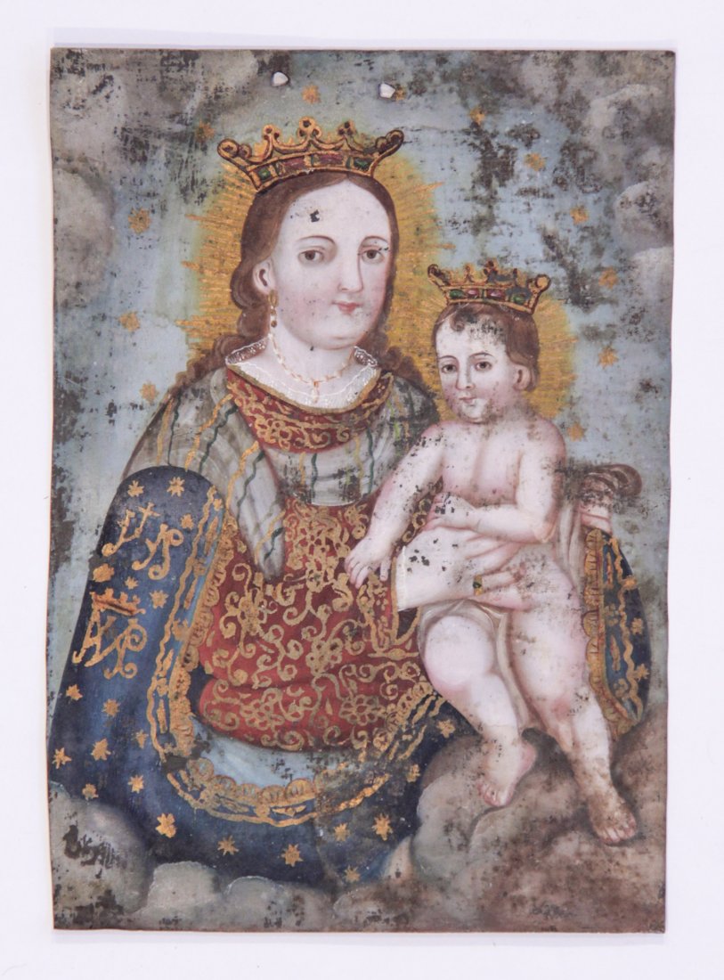 19th c. Madonna Retablo: Madonna Retablo, 19th c. Mexico, oil on tin. Size: 14" x 9.5". Provenance: Patricia Caesar.