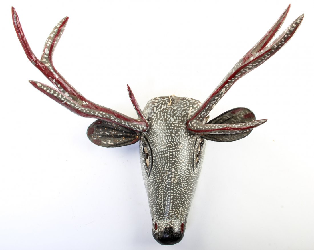 Mexican Folk Art Mask by Don Benjamin Campos: Deer mask by Don Benjamin Campos Zamora (Michoacan, Mexico), circa 1980, carved and painted wood. Signed. Size: 16" x 16" x 12".