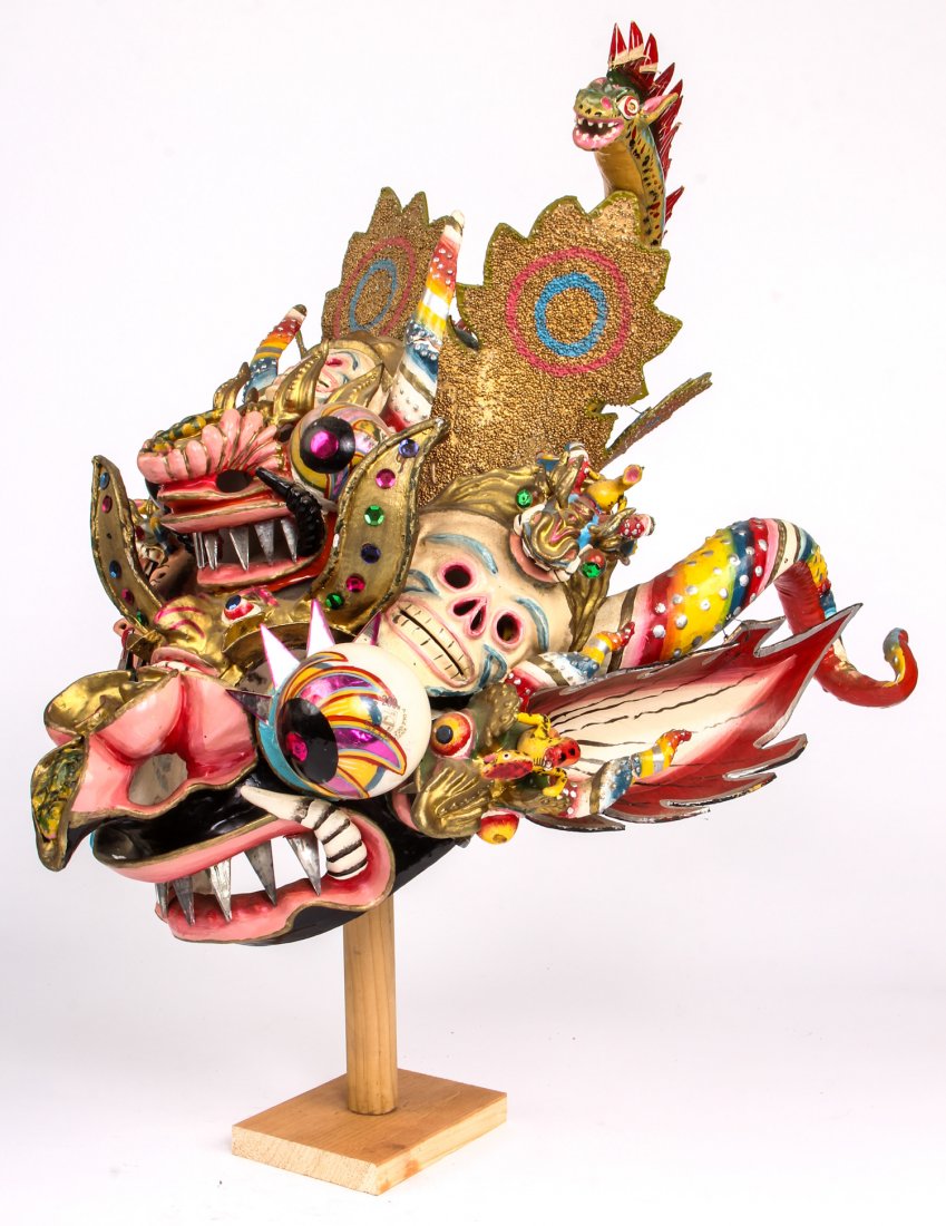 Devil Mask (Puno, Peru): Devil Mask (Puno, Peru) rubber, glass, paint, wood, mixed media; used in the Diablada (Puno, Peru), 1976. One eye damaged. Size: 16" x 19" x 21". Provenance: collection of Robert Lima.