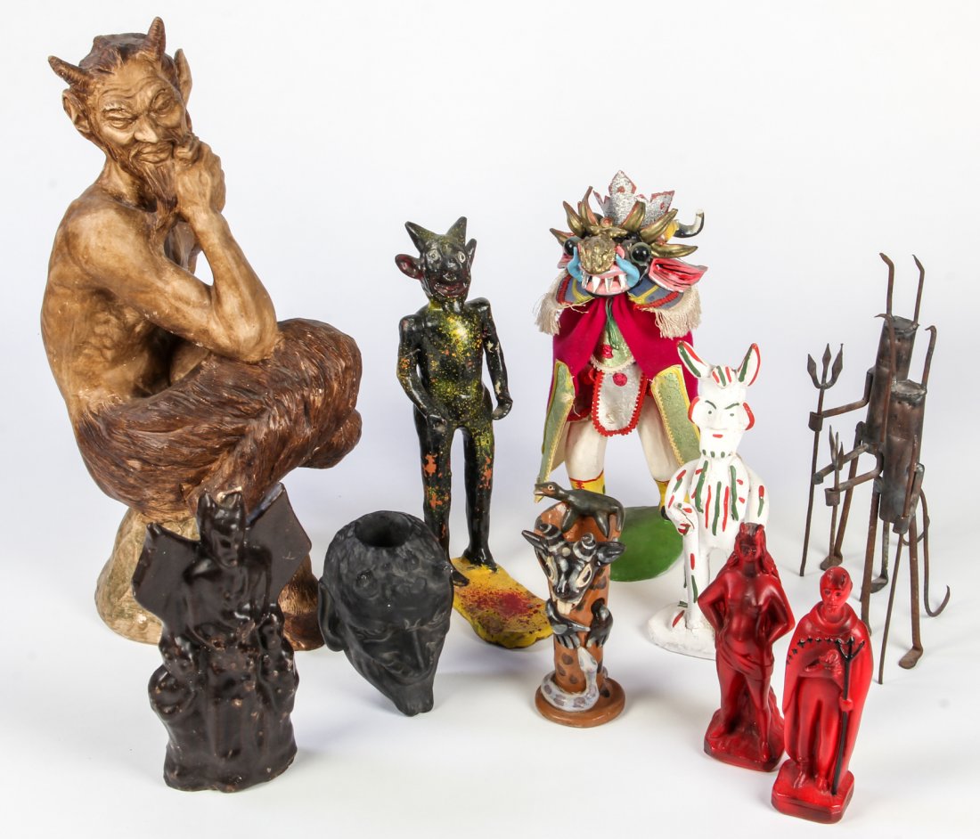 Vintage Folk Artifacts of the Devil, Eleven Pieces: Collection of Eleven Devil Artifacts: 1) Ceramic Pan Horned Deity (Bogota, Colombia); 2) Diablada Figurine (Ceramic and cloth, with removable mask and cape, Puno, Peru. 1976); 3) Standing Devil (Ceram