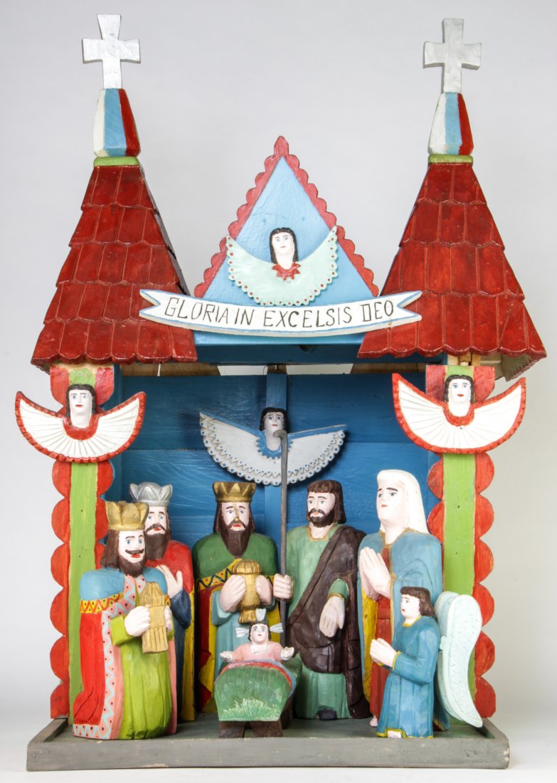 Folk Art Nativity Creche: Jozef Orlecki (b.1931, Paszyn) Folk Art Nativity Creche, Three Kings, Mary, Joseph, Angel and Baby Jesus, 1988. Polish Folk Art (Poland). Size: 37.5" x 26" x 20".