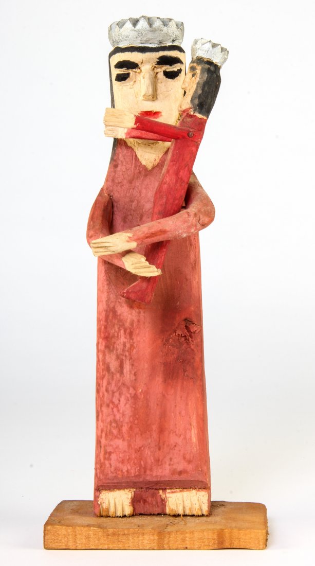 Polish Folk Art Carving Madonna and Child: Wladyslaw Glod (b.1932 Mystkow). Madonna and Child, Wood Carving. Size: 13" x 6" x 4". Polish Folk Art (Poland).