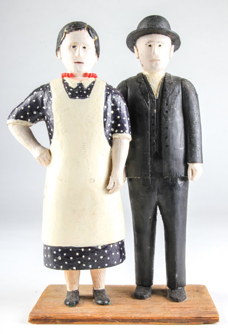 Polish Folk Art - Sunday Couple: Jozef Jedrocha (b. 1916, Tokarina). Jozef and Elizabeth Jedrocha (Self Portrait with Wife), Wood Carving. Size: 15" x 9" x 4".
