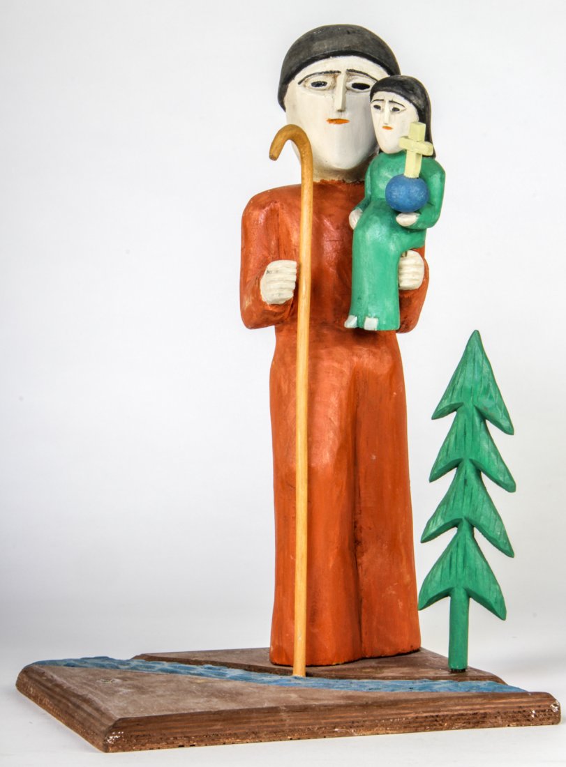 Polish Folk Art Saint Christopher Carrying the: Zenon Miczolek. Saint Christopher Carrying the Christ Child, Wood Carving. Polish Folk Art. Permanent Collection: Brigham Young University Museum of Art; Muzeum w Prezewarsku, Poland. Size: 17" x 10.5
