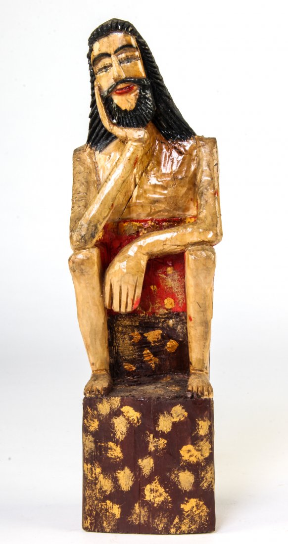 Polish Folk Art wood carving - "Thinking Jesus": Antoni Baran (b. 1930, Opoczno). "Thinking Jesus", Polish Folk Art wood carving. Size: 13" x 3.5" x 2.5". Jesus depicted in this contemplative manner is referenced in Polish as "Chrystus Frasobliwy, m