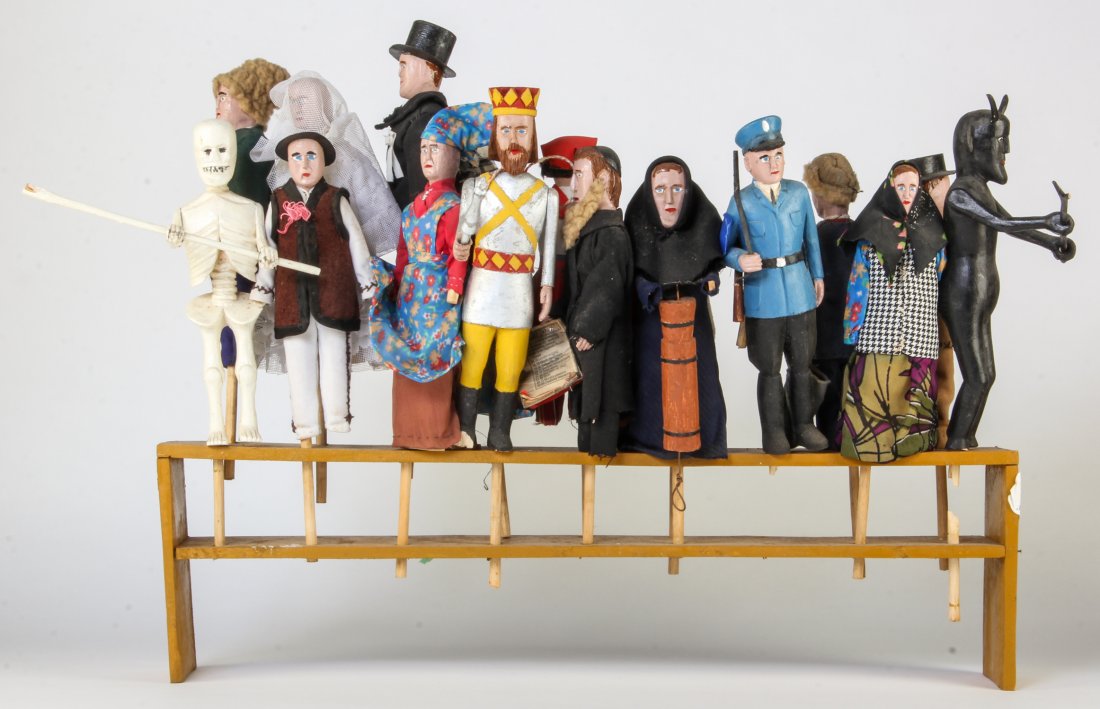 Polish Folk Art wood carving Puppet Set with Stand: Anonymous, Puppet Set with Stand, Mid 20th c., Polish Folk Art wood carving. Size: 18" x 26" x 4". Typically during Christmas time, these puppet sets would have been carried from house to house, and v