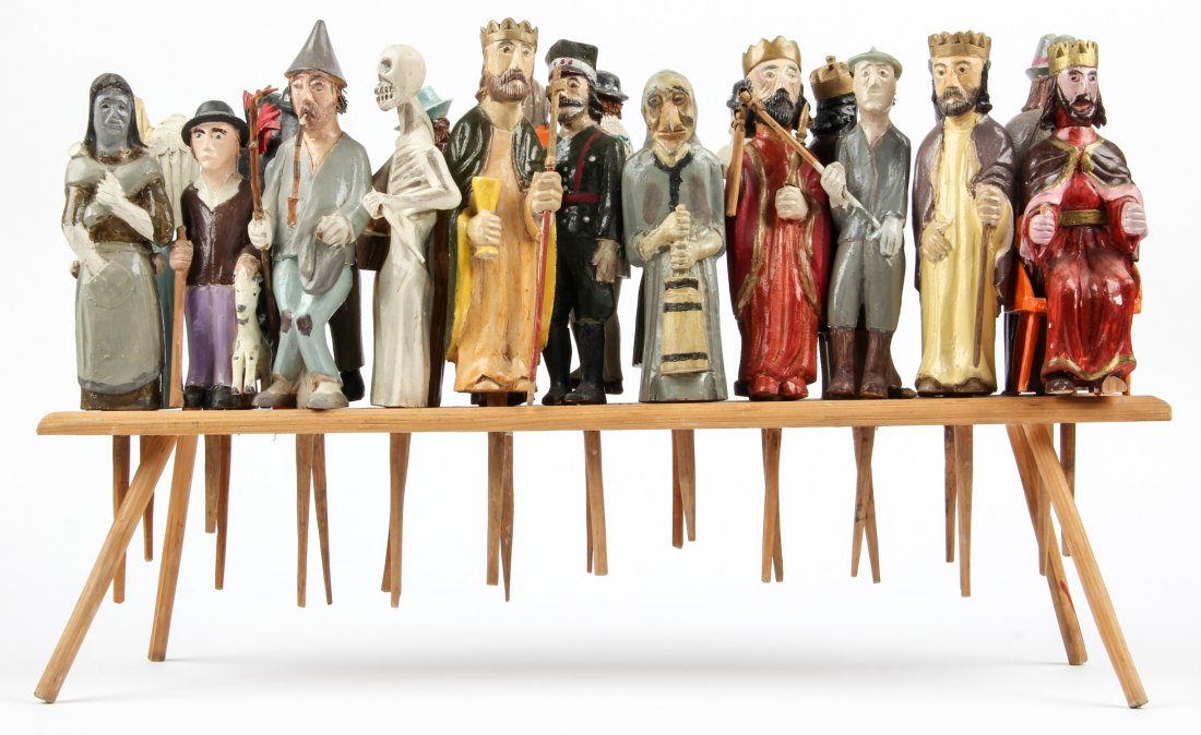 Polish Folk Art wood carving Puppet Set with Stand: Anonymous, Puppet Set with Stand, Mid 20th c., Polish Folk Art wood carving. Size: 16" x 27" x 6". Typically during Christmas time, these puppet sets would have been carried from house to house, and v