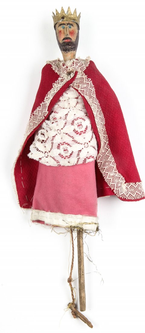 Polish Folk Art wood carving - Puppet: Anonymous, Puppet, Mid 20th c., Polish Folk Art wood carving. Size: 10" x 3" x 2" (25 x 8 x 5 cm). Typically during Christmas time, this puppet would have been included in a set carried from house to 