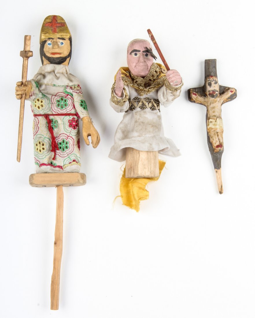 Polish Folk Art wood carving - Three Puppets: Anonymous, Three Puppets, Mid 20th c., Polish Folk Art wood carving. Size: 7" x 3" x 3" (18 x 8 x 8 cm). Typically during Christmas time, these puppets would have been included in a set carried from h