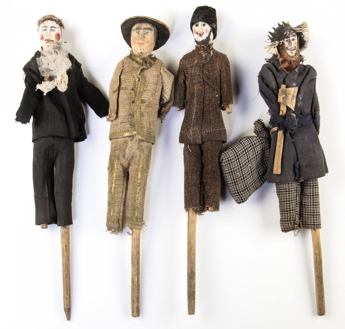 Polish Folk Art wood carving - Four Puppets: Anonymous, Four Puppets, Mid 20th c., Polish Folk Art wood carving. Size: 8" x 3" x 1" (20 x 8 x 3 cm). Typically during Christmas time, these puppets would have been included in a set carried from ho
