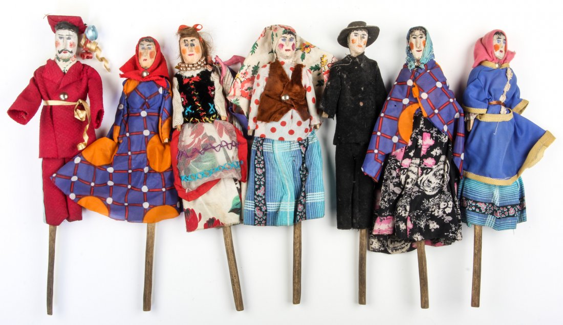 Polish Folk Art wood carving - Seven Puppets: Anonymous, Seven Puppets, Mid 20th c., Polish Folk Art wood carving. Size: 9" x 3" x 2" (23 x 8 x 5 cm). Typically during Christmas time, these puppets would have been included in a set carried from h
