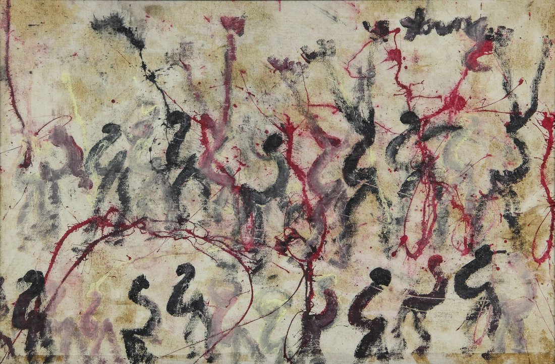 Purvis Young (USA, 1943-2010), Untitled: Purvis Young (USA, 1943-2010), Untitled (Figures), house paint on carpet. Size: 24" x 36.5", 61 x 93 cm (sight), 27.5" x 40" x 1.5" , 69.85 x 102 x 4 cm (frame).
