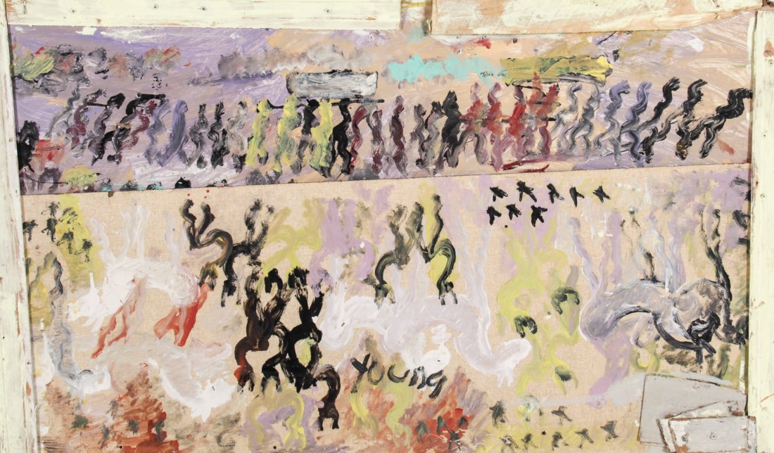 Purvis Young (USA, 1943-2010), Untitled: Purvis Young (USA, 1943-2010), Untitled, mixed media assemblage; paint, wood. Size: 28.5" x 48" (74 x 120 cm).