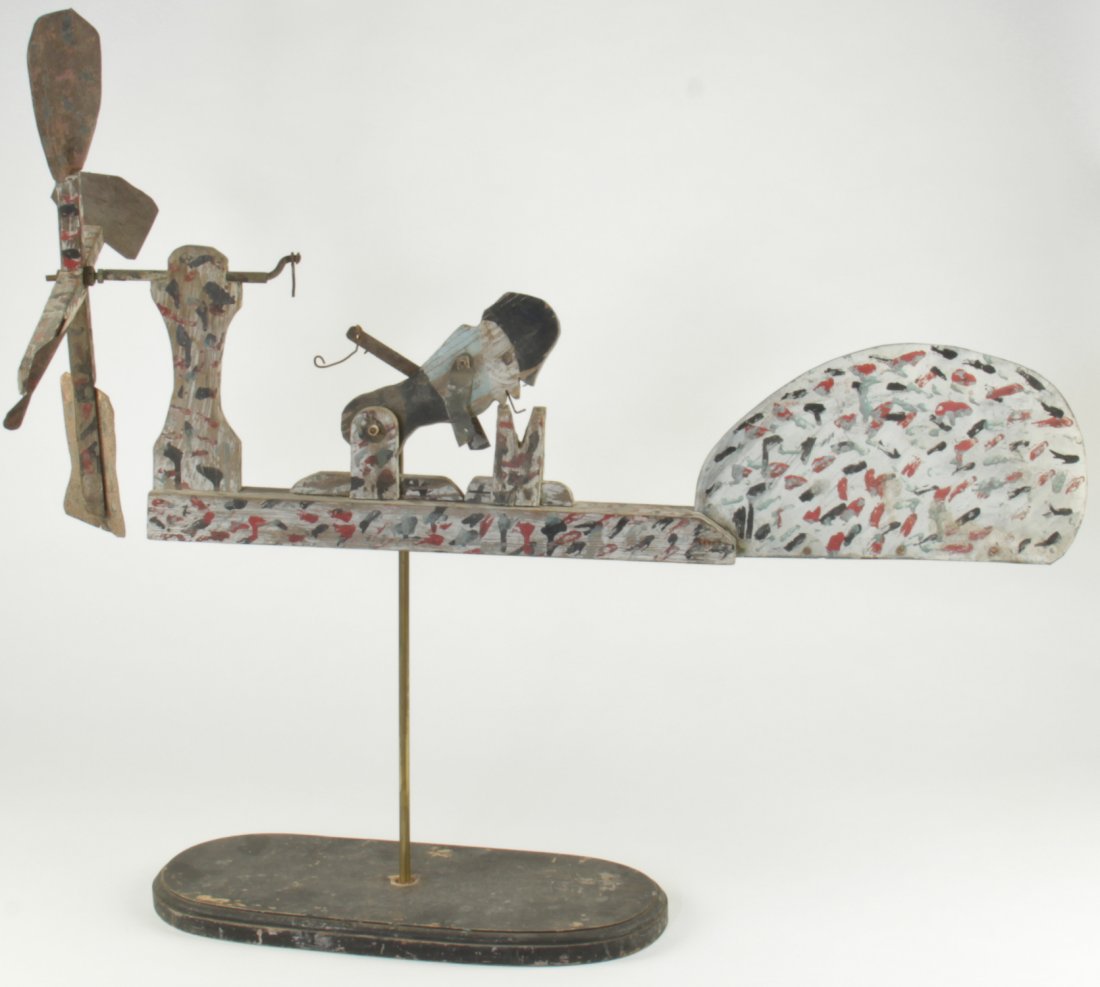 Hand-Painted American Folk Art Whirly Gig: Hand-Painted American Folk Art Whirly Gig on Stand, wood and metal. Size: 32" x 37" x 18", 81 x 94 x 46 cm (overall including stand).