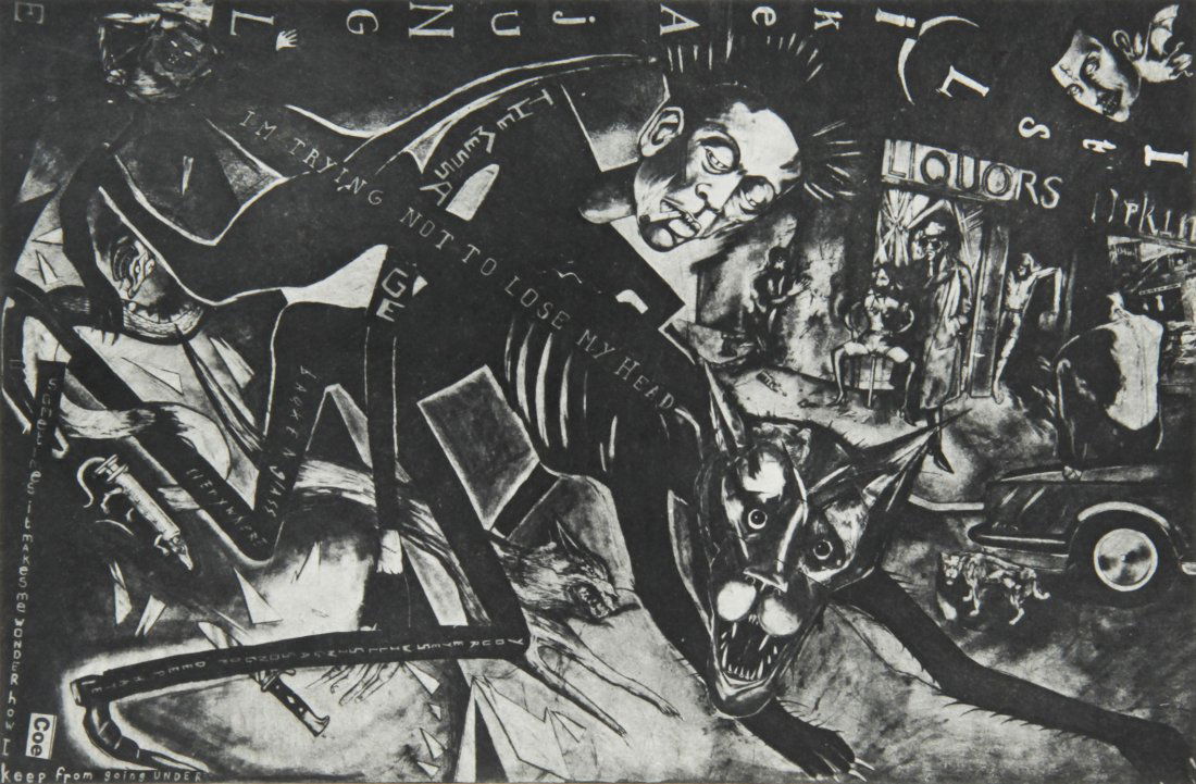 Sue Coe It's Like a Jungle: Sue Coe (British, b. 1951), "It's Like a Jungle" 1984, 19/450, photo-etching, stamped, numbered and signed. Size: 11" x 17", 28 x 43 cm (sheet), 14.5" x 20.5", 37 x 52 cm (frame).