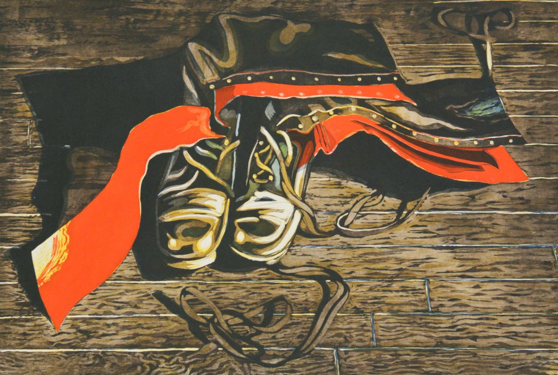 Lowell Nesbit, Print, 1974: Lowell Nesbit, Untitled "Boots", Print, 1974, signed and numbered 14 of 50. Size: 29.5" x 42", 75 x 107 cm (sheet).