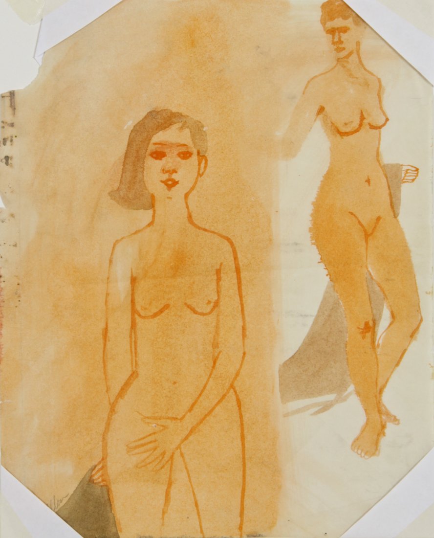 Thomas B. Allen Watercolor, Two Nudes: Thomas B. "Tommy" Allen (American, 1928-2004), "Two Nudes", ca. 1960's, watercolor. Size: 13.75" x 10.75" (35 x 27 cm).