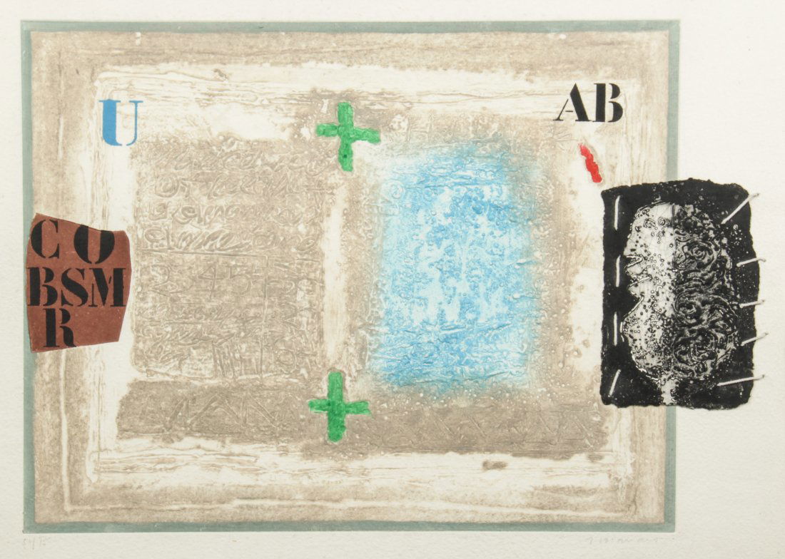 James Coignard, Abstract Print: James Coignard (French, 1925-2008), Carborundum Etching with Collage, signed and numbered, 51 of 75. Tear in lower margin. Size: 20" x 26.75", 51 x 68 cm (sheet).
