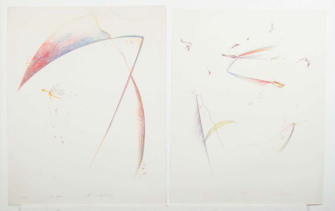 Two Abstract Works by John Dowell: Two Works by John Dowell (American, 20th c.): 1) "Sun Dream", 1980, Lithograph, 23 of 100, some staining; 2) 23 tc / Tomorrow", 1983, Lithograph, ed. 6 of 75. Size: 29" x 22", 74 x 56 cm (sheet).