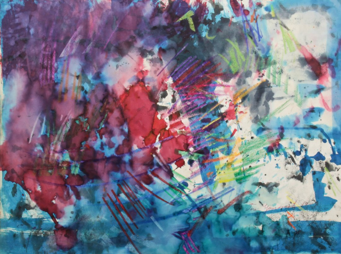 Taro Yamamoto Abstract Painting: Taro Yamamoto (American, 1919-1994), Abstract Mixed Media Composition, Mixed Media on paper. Thinned oil paint and pastel on paper. Size: 18" x 23.25" (46 x 59 cm).