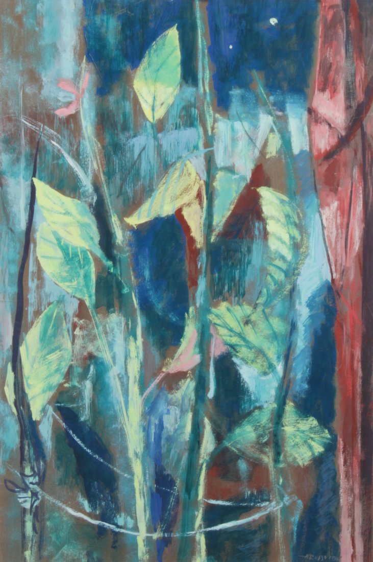 Mid Century Painting: Alexander Peter Russo (20th c.) Chinese Plant, Mid Century Painting. Size: 25" x 18" (64 x 46 cm).