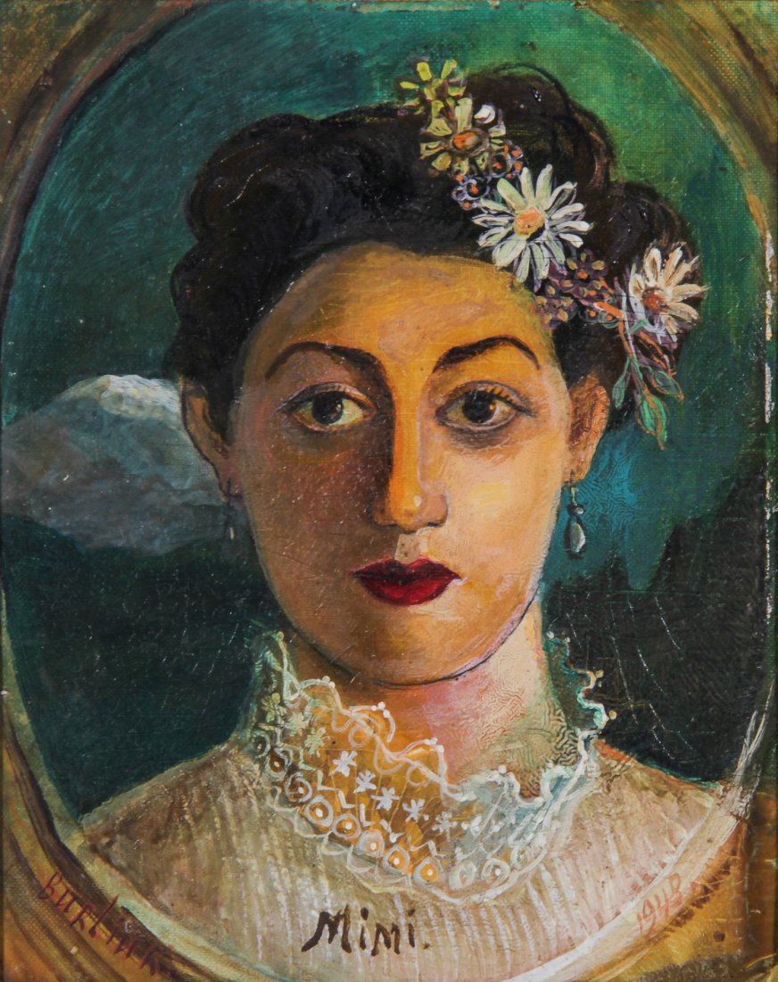 David Burliuk Oil Painting, Mimi: David Burliuk (American/Ukrainian, 1882-1967), "Mimi", (Mimi Gross), 1948, oil on canvas board. The woman pictured, Mimi Gross, was an artist herself and daughter of the famous Chaim Gross, ex-wife of