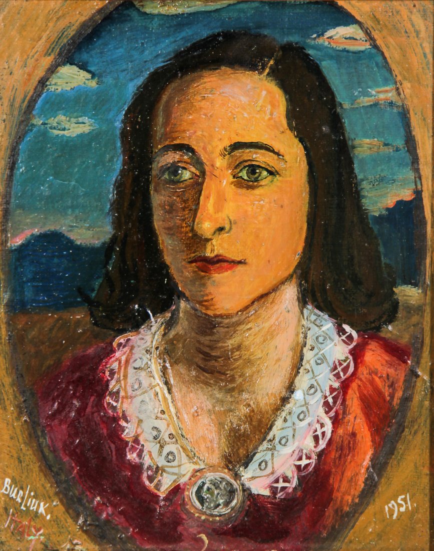 David Burliuk Oil Painting, Portrait of a Woman, Italy: David Burliuk (American/Ukrainian, 1882-1967), "Portrait of a Woman, Italy," 1951, oil on canvas board. On the verso: "Mrs. Miriam Hamilton Hampton Bays, NY". Size: 10" x 8" (25 x 20 cm).