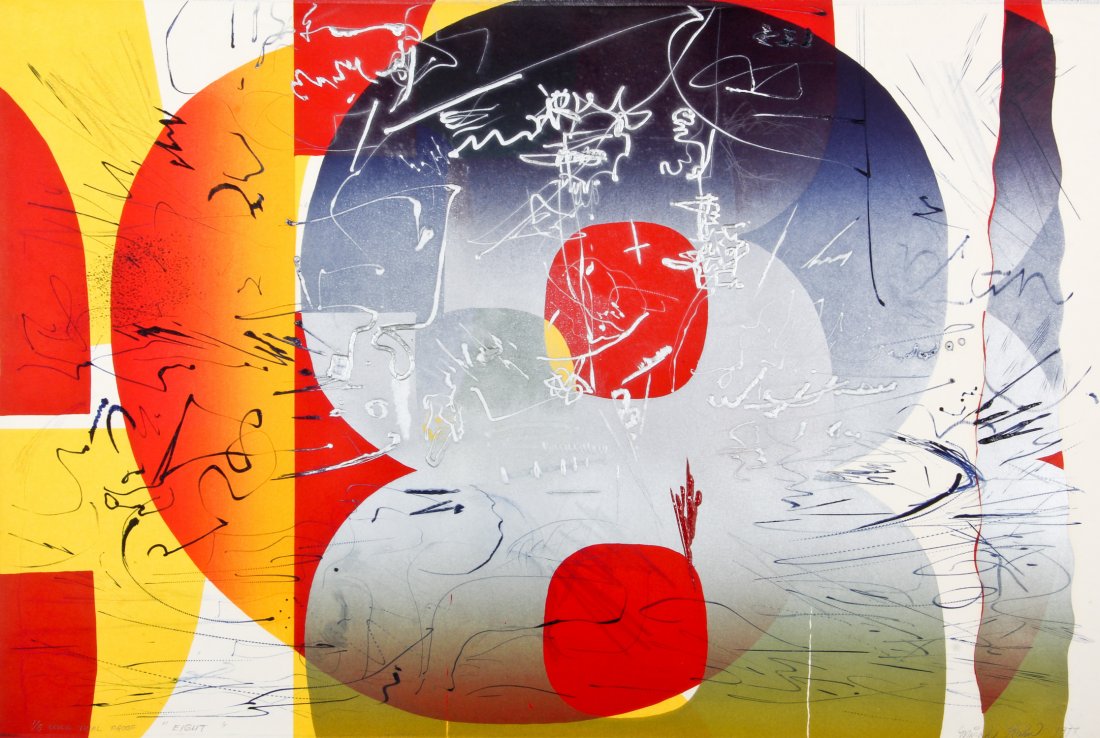 Misch Kohn Lithograph, Eight: Misch Kohn (American, 1916-2002), "Eight", 1977, lithograph and paint, numbered 1 of 5. Provenance: The Prudential Insurance Company of America. Size: 23.5" x 16", 60 x 41 cm.