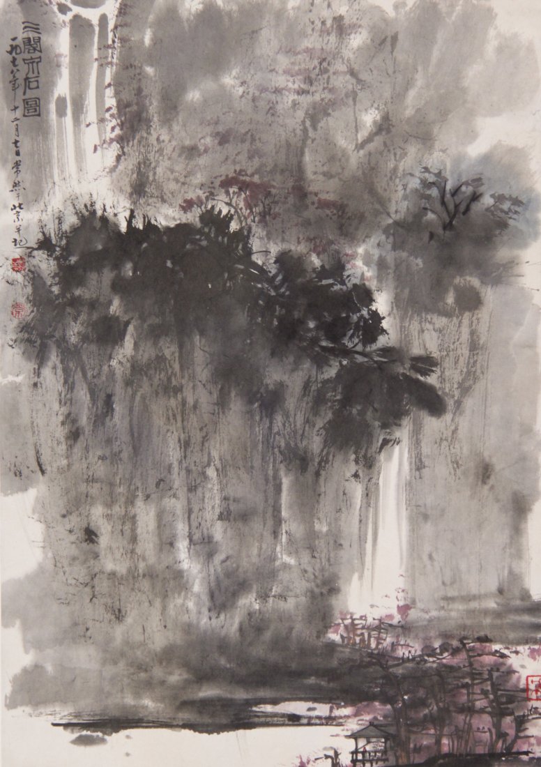 Chang Ran (Chinese) Fine Hand-painted Scroll: Chang Ran (Chinese, b. 1960) A Fine, Hand-painted Chinese Scroll (Traditional Landscape), Signed, Inscribed. Size: 25" x 18", 64 x 46 cm (image), 70.5" x 23", 179 x 58 cm (overall).