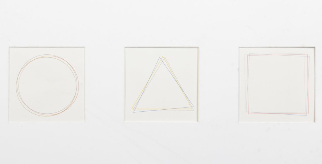 Manner of Agnes Martin: Manner of Agnes Martin: Three works on paper, drawing, unsigned. Size: Each 5" x 5" x 5", 13 x 13 x 13 cm.