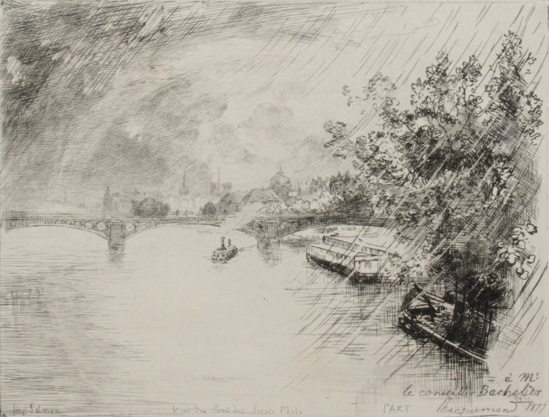 Felix Henri Bracquemond Etching, 1877: Felix Henri Bracquemond (1833-1914) "le conseiller Bachelier" 1877, etching, Imp Salmon. Size: 7.75" x 9.75", 20 x 25 cm (plate), 11.5" x 16", 29 x 41 cm (sheet).