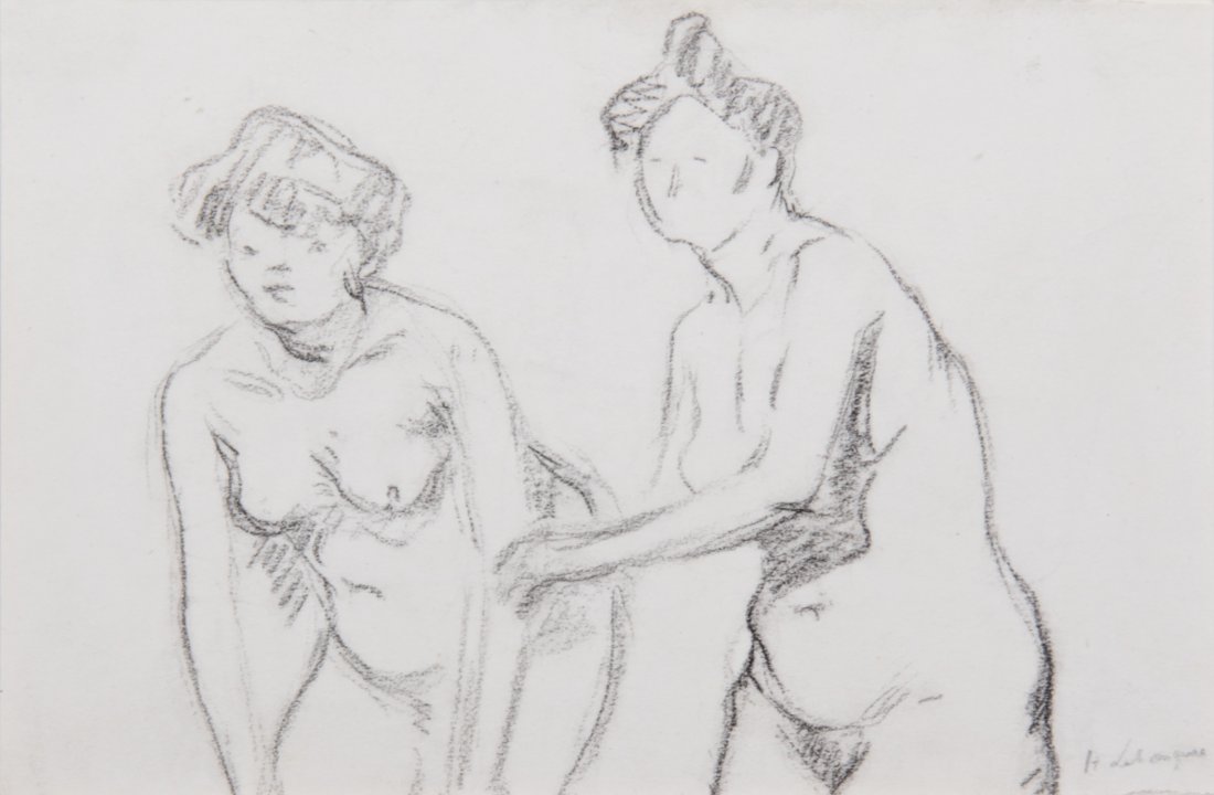 Henri Lebasque Nude Study: Henri Lebasque (French, 1865-1937), Female Nude Study, Drawing on paper. Size: 8" x 8", 20 x 20 cm (image), 10.5" x 11.5", 27 x 30 cm (sheet), mounted on board measuring 16" x 20", 41 x 51 cm.
