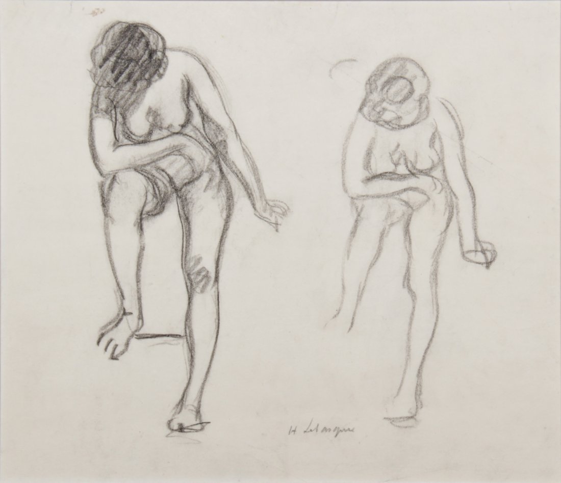 Henri Lebasque Nude Study: Henri Lebasque (French, 1865-1937), Two Female Nudes, Pastel on paper. Size: 6" x 9.75", 15 x 25 cm (paper), mounted on board measuring 16" x 20" (41 x 51 cm).
