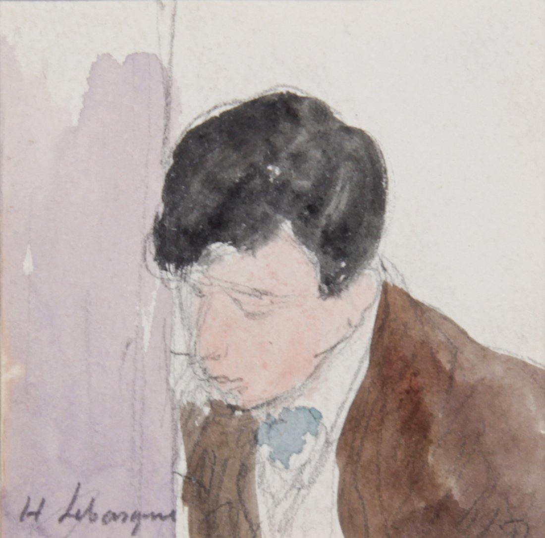 Henri Lebasque Portrait: Henri Lebasque (French, 1865-1937), Portrait of a Young Man, Watercolor and pencil on paper. Size: 3.5" x 3.25", 9 x 8 cm (image), mounted on board measuring 20" x 16" (51 x 41 cm).