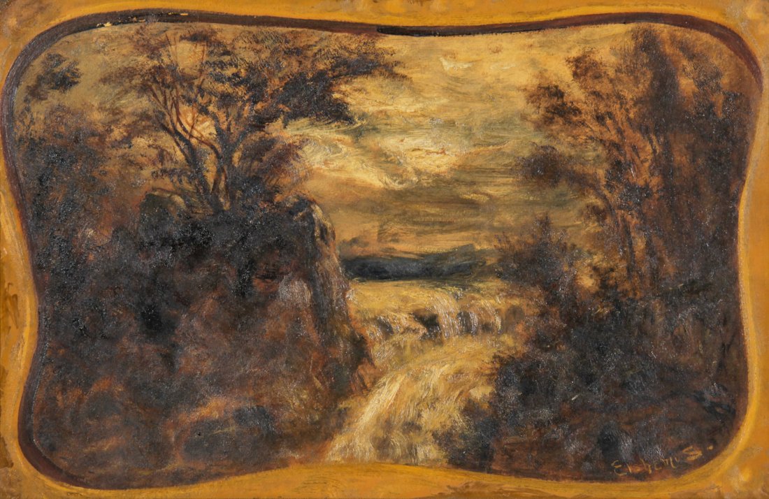 Louis Michel Eilshemius Oil Painting, Landscape: Louis Michel Eilshemius (American, 1864-1941), "Landscape with Waterfall", ca. 1910, oil on masonite. Size: 17.75" x 27.25", (45 x 69 cm).