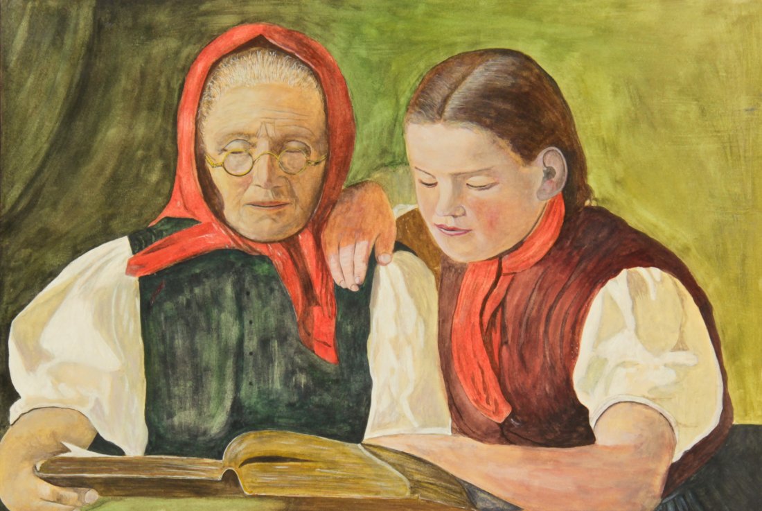 Continental School Painting: Continental School Painting (20th c.) Women Reading, Oil Painting. Size: 16.5" x 24" (42 x 61 cm).