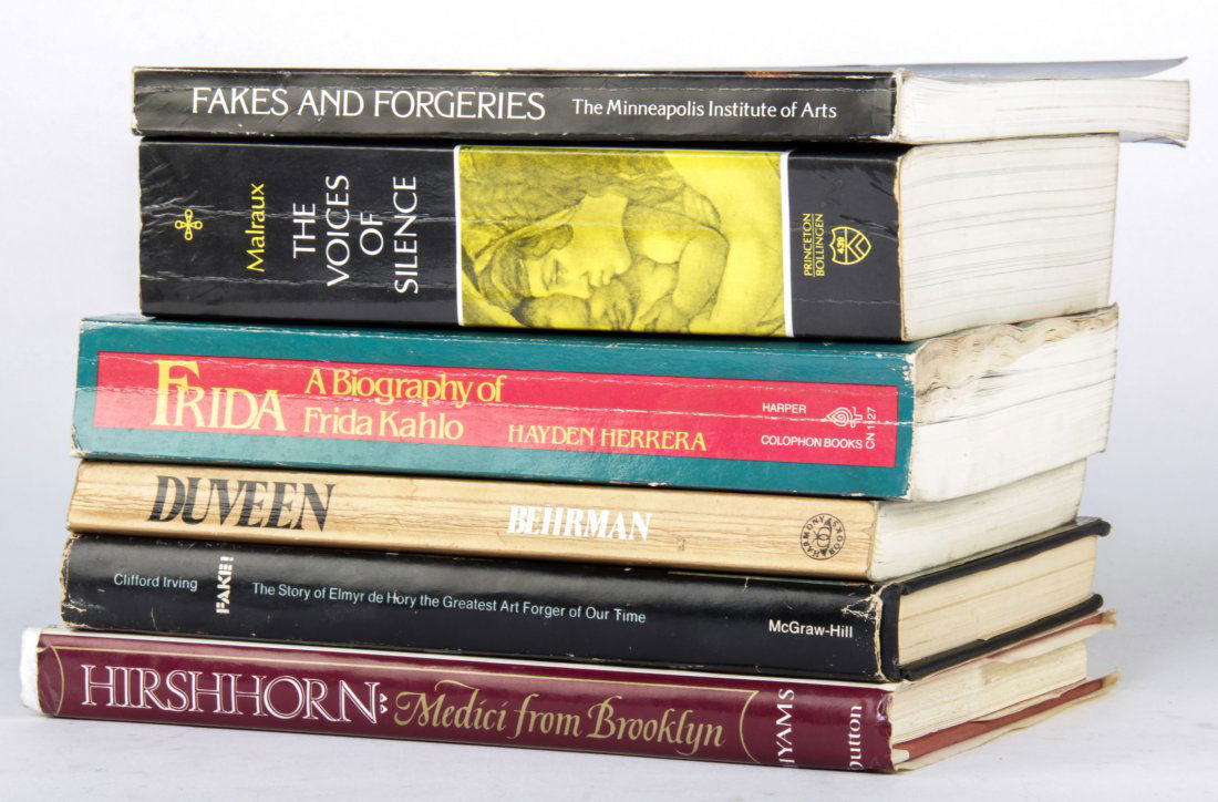 Collection of 6 Art Books Centered on Biography and: Collection of 6 Art Books Centered on Biography and Discussion. Titles include: Fakes and Forgeries, The Voices of Silence, Frida: A Biography of Frida Kahlo, Duveen, Fake!: The Story of Elmyr de Hory