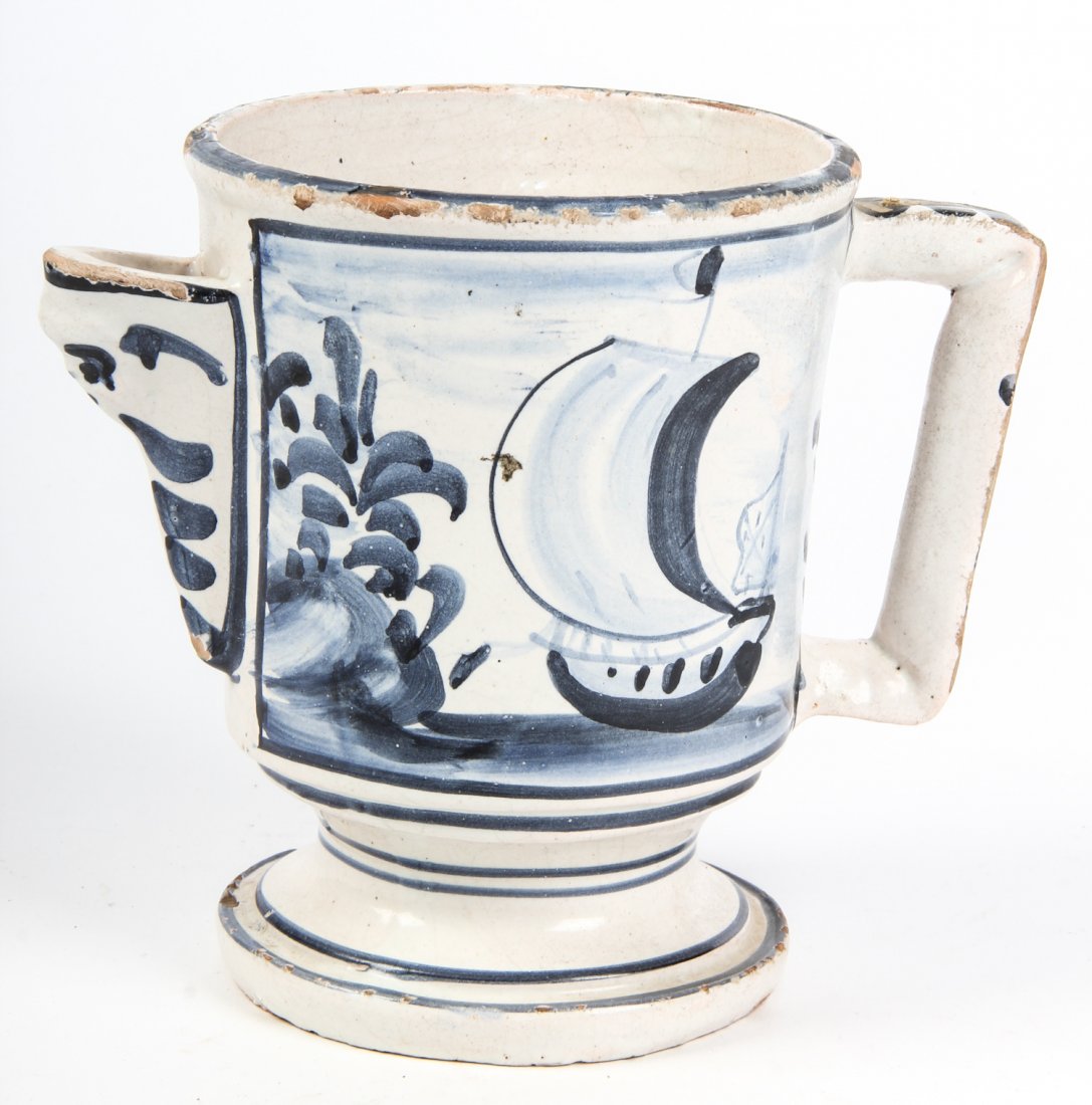 Antique Spanish Blue and White Ceramic Pitcher: Antique Spanish Ceramic Pitcher with ships, circa 1900. Marked "Spain" on the bottom. Size: 7" x 8" x 5" (18 x 20 x 13 cm). Provenance: Philadelphia estate.