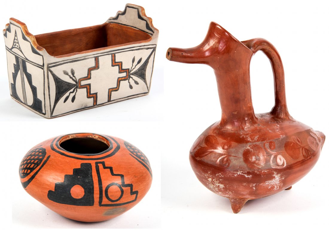 Three Native American Pottery Items: Three Native American Pottery Items, circa 1900-1920: 1) small bowl/vase, brown, with stylized designs around side. Size: 3" x 5" x 5" (8 x 13 x 13 cm); 2) pitcher, zoomorphic form (duck like) with lo