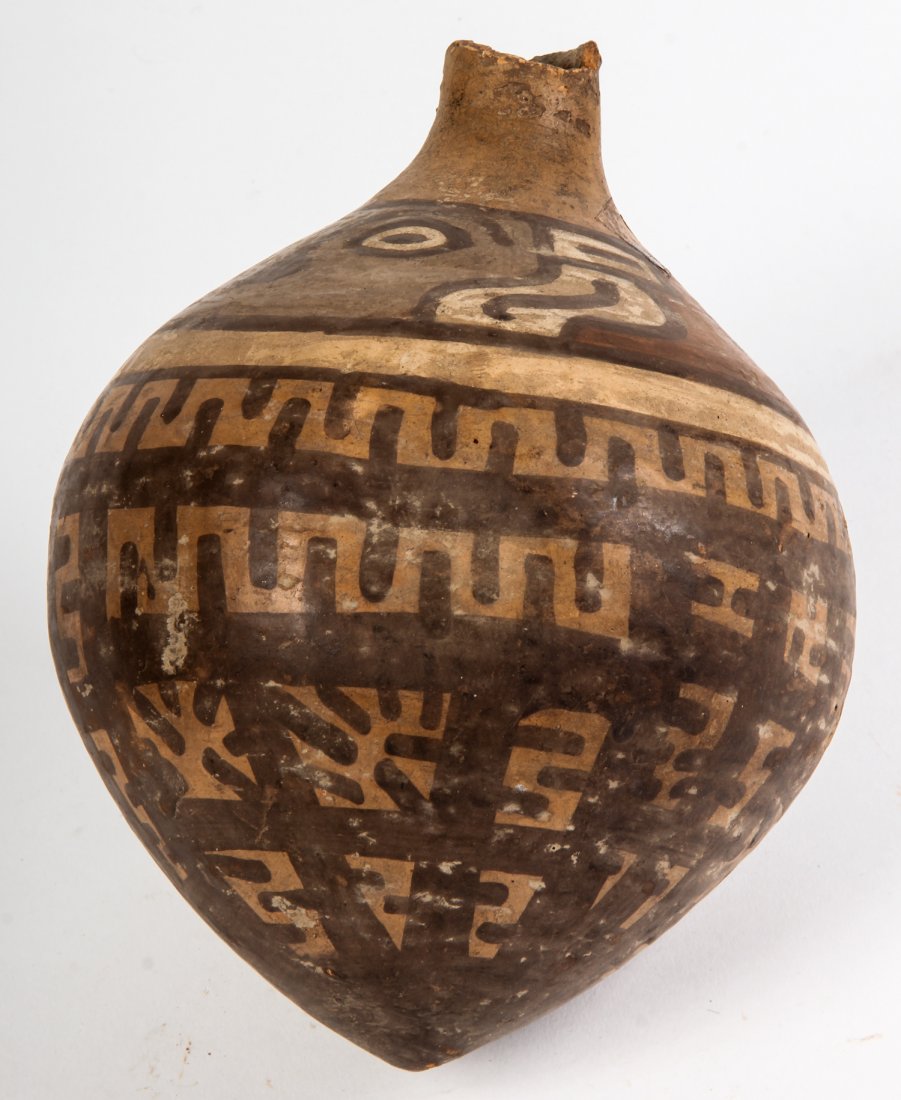 Pre-Colombian Ceramic Flask: Pre-Colombian Ceramic Flask, presumably 500-1200 AD. Size: 8" x 6" x 7" (20 x 15 x 18 cm). Provenance: Philadelphia estate.