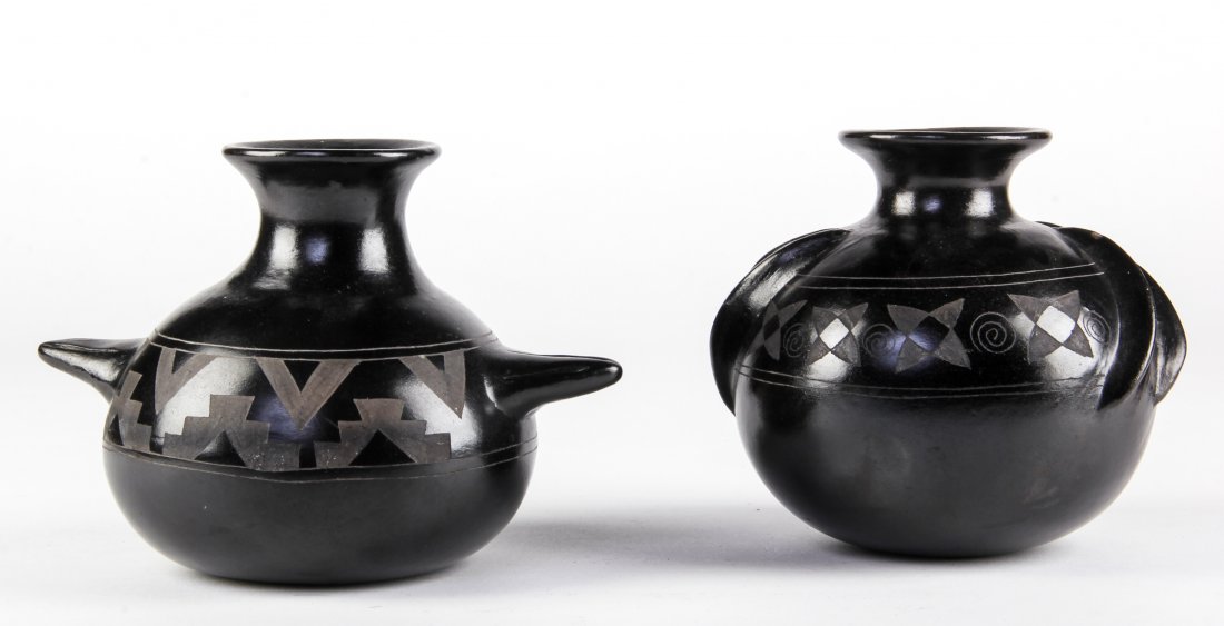 Two Mexican Folk Art Black Pottery, Mateos: P. Mateos, Black Clay Pottery. Two Vessels, signed P. Mateos (Tonala, Mexico). Circa 1990. Size: 6" x 6" x 5.5", 15 x 15 x 14 cm (each). "Barro Negro" is known for it's lustrous sheen. When the piece 