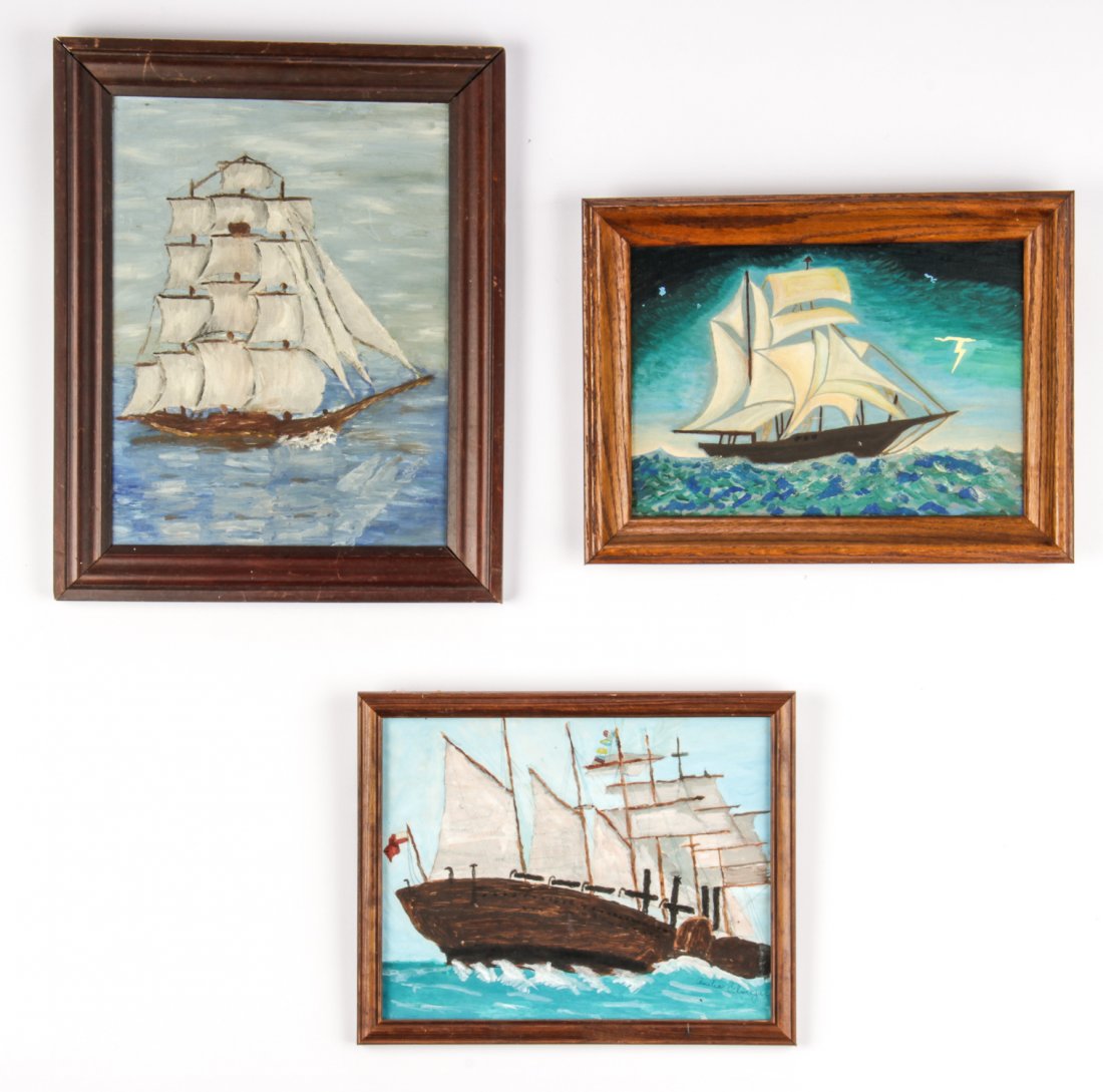 Collection of 3 Vintage Tall Ships Themed Thrift Store: Collection of 3 Vintage "Tall Ships" Themed Thrift Store Paintings. Size: 19" x 16", (48 x 41 cm).